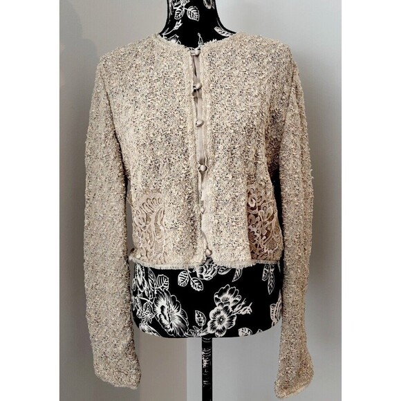 ST JOHN COUTURE Cream Knit w/Sequins Lace Pockets Fringe Hem Crop Jacket NWT 12